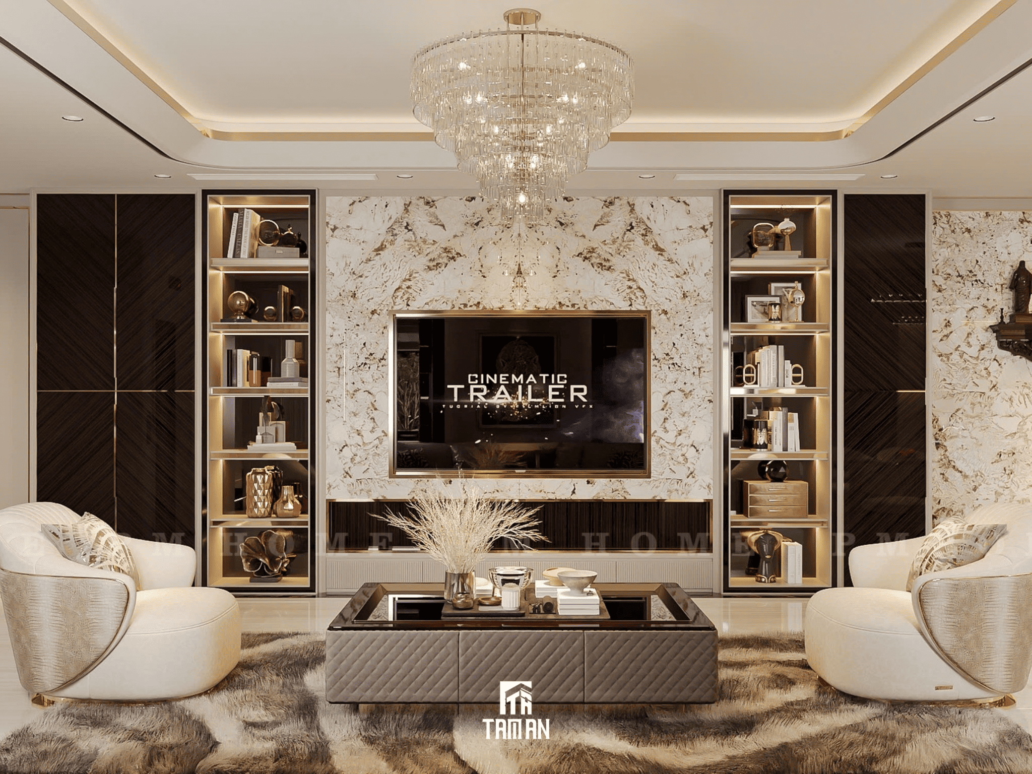 Không gian phòng khách gây ấn tượng bởi vẻ sang trọng, quyền lực và tinh tế 