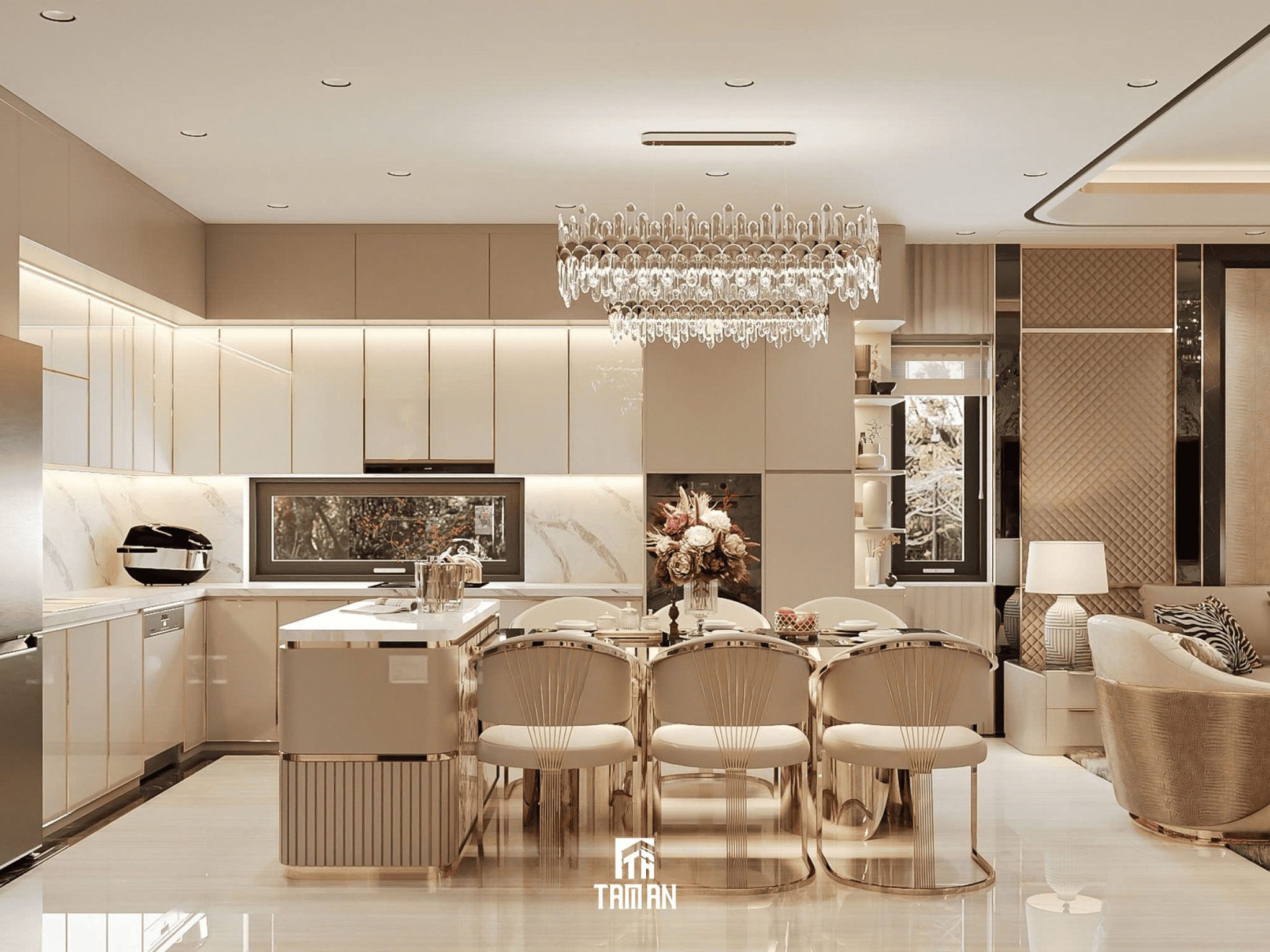 Khu vực bếp và bàn ăn tạo cảm giác sang trọng, ngăn nắp 