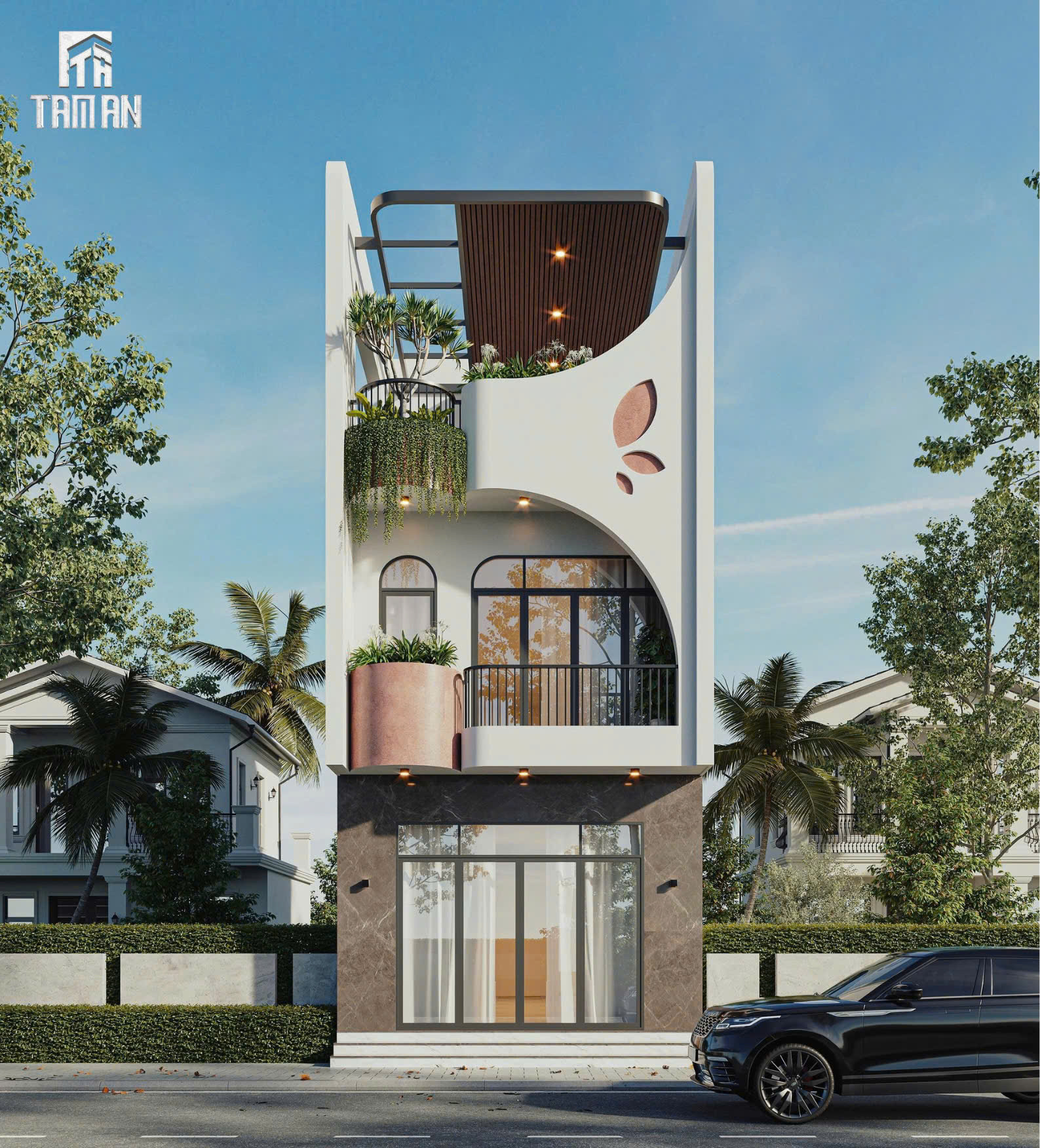 Mảng tường khoét rỗng với hình cánh hoa là điểm sáng cách tân của ngôi nhà