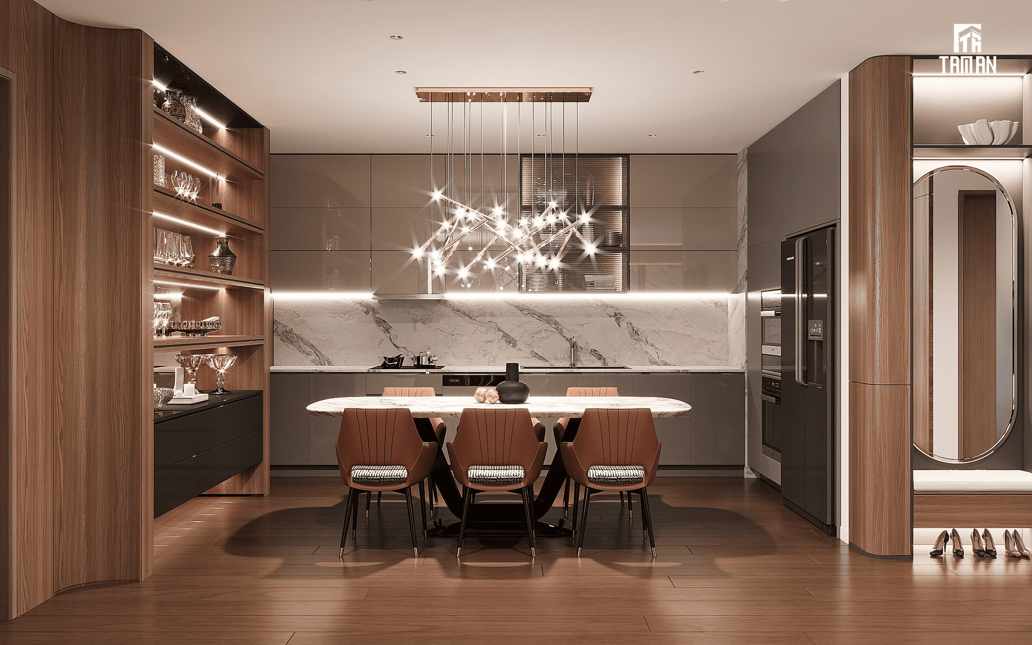 Không gian bếp và bàn ăn mở giúp tăng cường sự tương tác giữa các thành viên trong gia đình