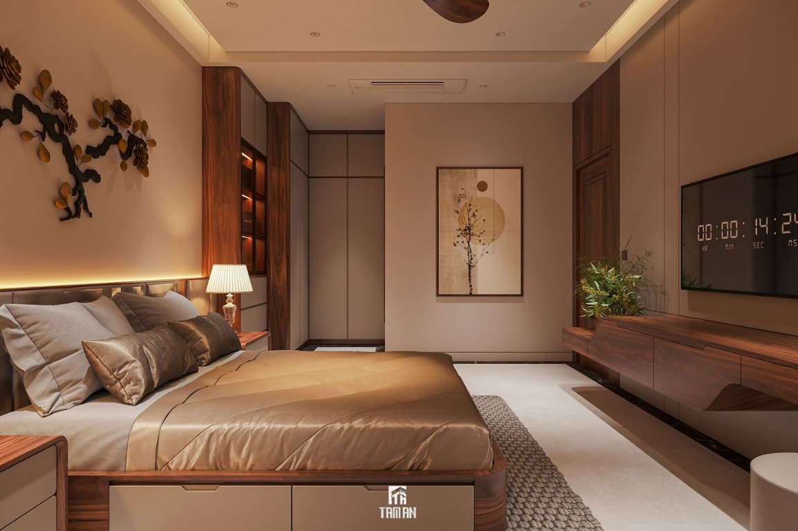 Không gian phòng ngủ thêm phần ấm áp nhờ vào nội thất gỗ tông nâu trầm