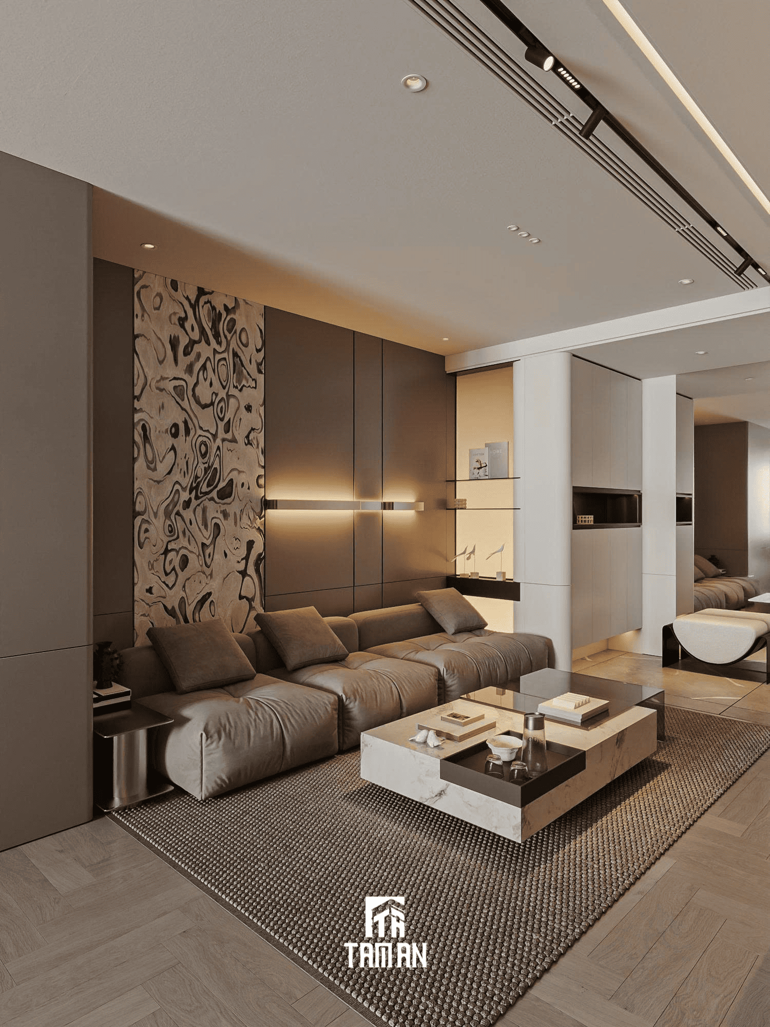 Các vật liệu đa dạng được kết hợp khéo léo để tạo nên một không gian vừa tối giản vừa có điểm nhấn