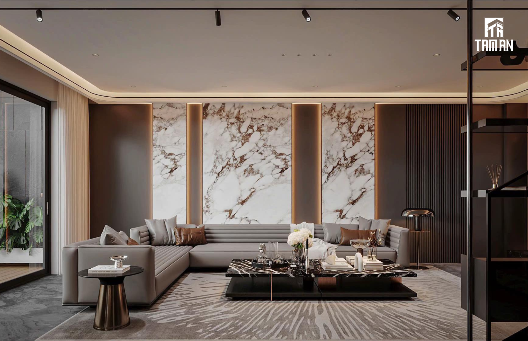 Phòng khách là sự phối hợp của nhiều vật liệu vừa có sự tương phản, vừa bổ trợ để tạo cảm giác cân bằng về tổng thể