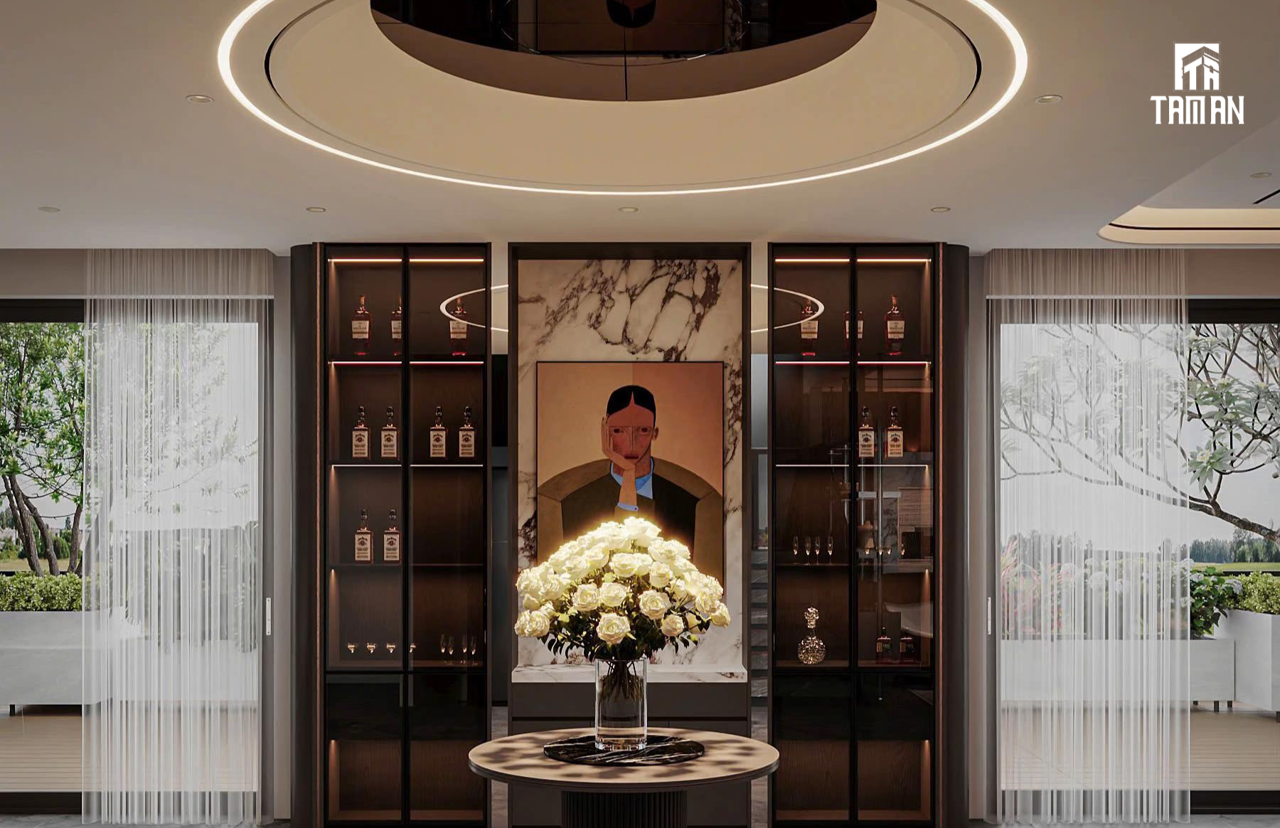 Tủ trưng bày là không gian nghệ thuật, điểm nhấn nội thất của phòng khách