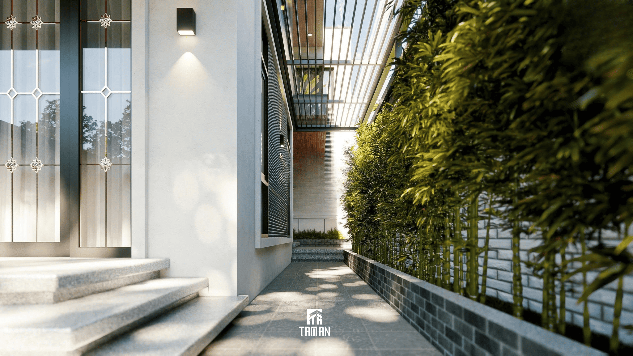 Cây xanh chạy dọc lối vào nhà